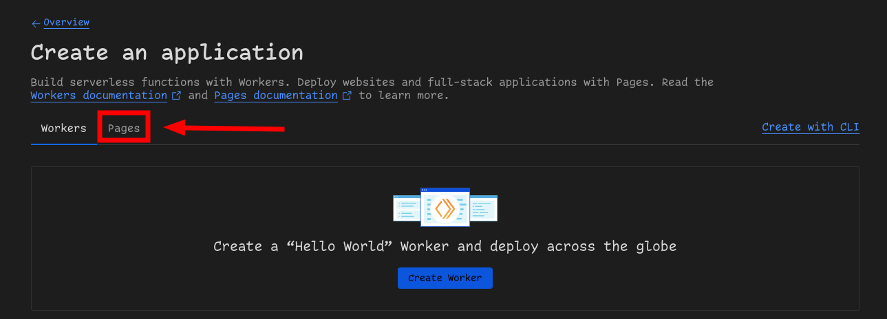 Image showing a red rectangle highlighting the "Pages" tab in the Cloudflare Workers and Pages creation menu